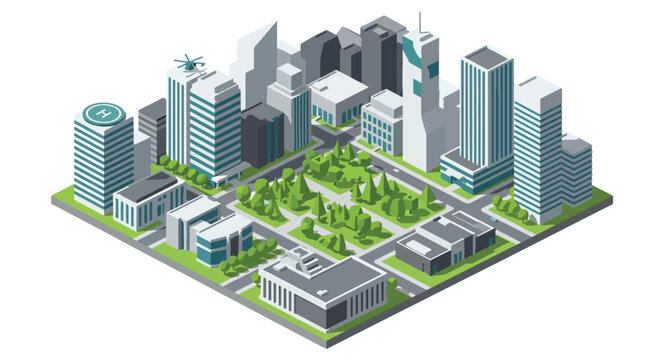 3D isometric view flat style illustration of modern city skyline with skyscrapers surrounding a green urban park, featuring trees, benches, and pathways in a clean minimal environment