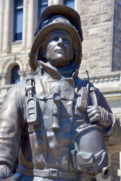 VICTORIA, BC, CANADA,: The Last Alarm monument by Dean Lauze on the grounds of the B.C. legislature honours firefighters who died in the line of duty. 