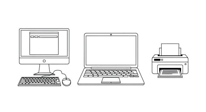 Computer equipment and peripherals line art icons with office supplies home office white background computer technology digital device computer keyboard technology equipment peripherals