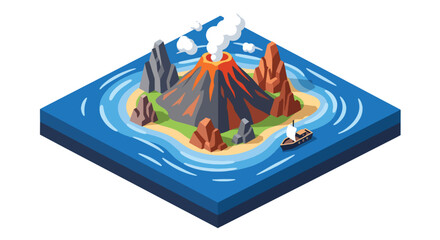 3D isometric view flat style illustration of erupting volcano with lava flow, smoke and mountains, dramatic natural disaster and geology concept © Amie