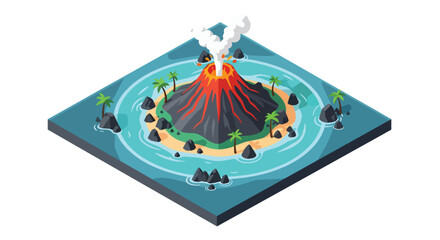 3D isometric view flat style illustration of erupting volcano with lava flow, smoke and mountains, dramatic natural disaster and geology concept © Amie