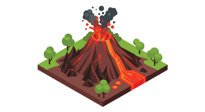 3D isometric view flat style illustration of erupting volcano with lava flow, smoke and mountains, dramatic natural disaster and geology concept