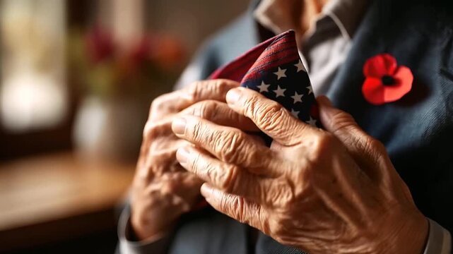 Close up of aged hands with wrinkled knuckles holding a triangular folded flag tightly against the chest the fabric crisp and the star field visible a small red poppy pinned