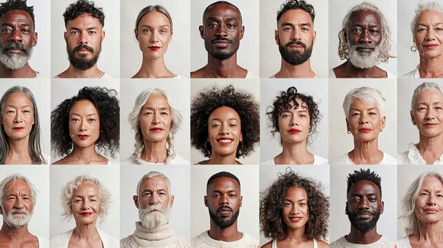 Diverse group of individuals with varying hairstyles and facial features, showcasing a range of ages and skin tones against a neutral background