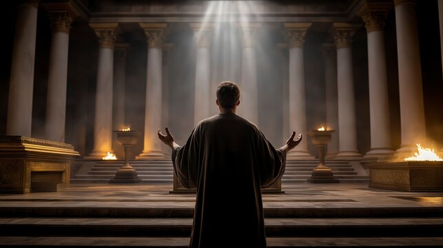 Isaiah stands in the temple with hands raised as divine light fills the sanctuary, revealing holiness, humility, and a life-changing encounter.
