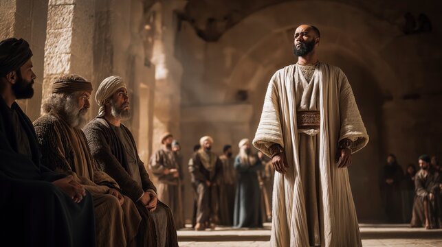 Isaiah speaks solemnly before King Hezekiah in a sunlit hall as silent courtiers listen, revealing warning, hope, and trust in God&rsquo;s word.
