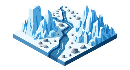 3D isometric view flat style illustration of icy glacier mountains with frozen river, cold climate natural landscape environment © Amie