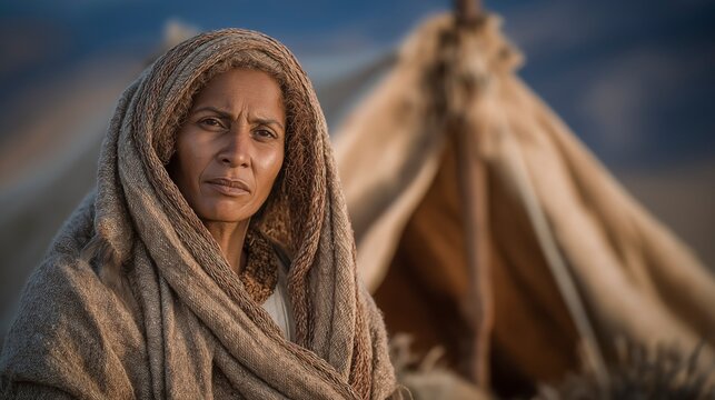 Jael stands by a desert tent in the midday heat as Sisera sleeps inside, the stillness of the arid landscape emphasizing tension, courage, and decisive fate.
