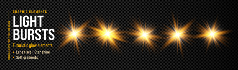 Spark background golden burst with flash effect of sunshine. Yellow lens rays twinkle blur color through camera transparent blue. Sunrise beam for isolated graphic halo pure light energy. © RDVector