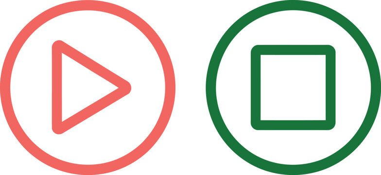 Red play and green stop navigation buttons for interactive media player interfaces and digital control panels