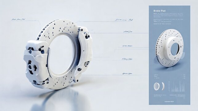 Brake pad and caliper assembly with detailed annotations displayed on a blue background, showcasing technical specifications and design features for automotive applications