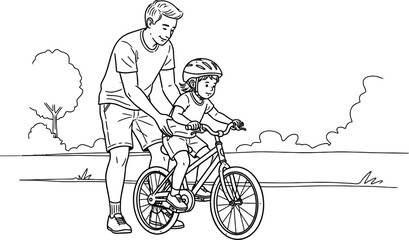 Fototapeta premium A heartwarming sketch depicts a father teaching his young daughter to ride a bicycle outdoors