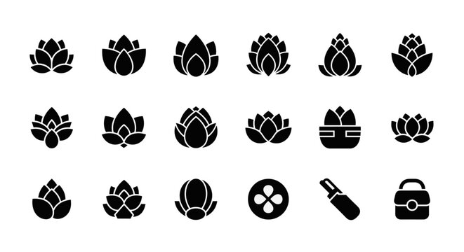 Collection of stylized lotus flower icons and related symbols in black silhouette