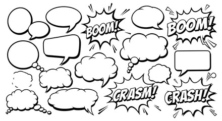 Speech bubbles and sound effects with boom and crash in black and white featuring comic, illustration, graphic with text and dialogue elements for © MdRobin