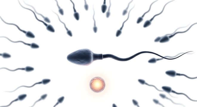strong cartoon sperm with determined face approaching glowing ovum, edges of scene blurred while main characters are crisp and detailed, blur to reveal transition, playful educational style, isolated 