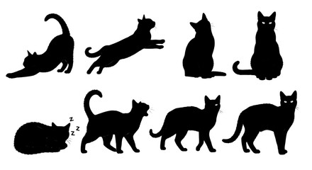 Cat animal silhouette set of black feline icons with different poses and sleeping gestures for stickers and design © MdRobin