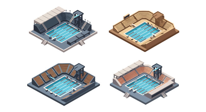 3D isometric view flat style illustration of indoor swimming pool arenas with diving platforms, spectator seating, and competition lanes, designed for professional aquatic sports events