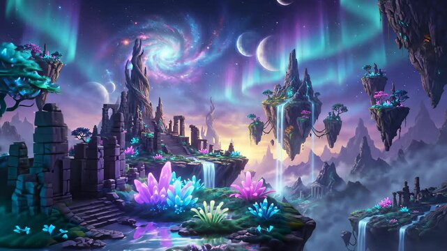 Mystic Fantastical Mountains Aurora Sky Otherworldly Peaks Floating Islands Celestial Dreamscape