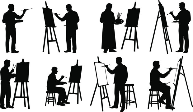 Artist silhouettes set with painters holding brushes and palettes working on easels for creative studio concepts