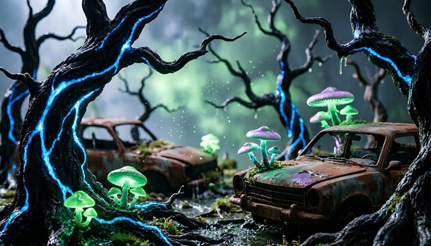Bioluminescent Glowing Mushrooms Growing from a Rusted Vintage Car in a Dark Post-apocalyptic Forest