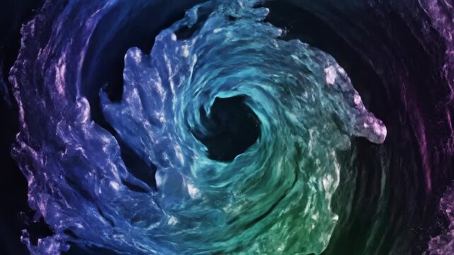 Abstract swirling water vortex with colorful light effects and dark background.