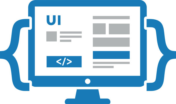 Software development concept illustration showing code brackets and computer monitor with user interface.