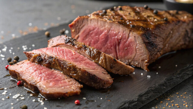 Photorealistic macro sliced steak reassembled with detailed fibers and glossy juice lines, strong highlights and high contrast texture composition
