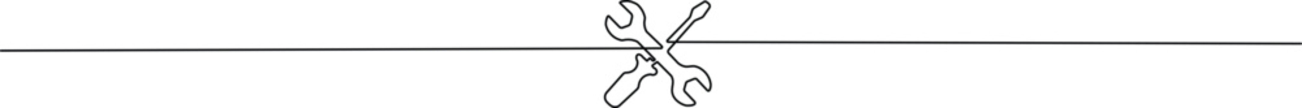Continuous one-line drawing of a crossed spanner and screwdriver. Minimalist symbol for Labour Day, maintenance, repair, and industrial work icon.