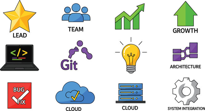 Set of Technology and Leadership Icons Featuring Teamwork, Cloud, Git, System Integration, Growth, and Architecture for Software Development and IT Projects