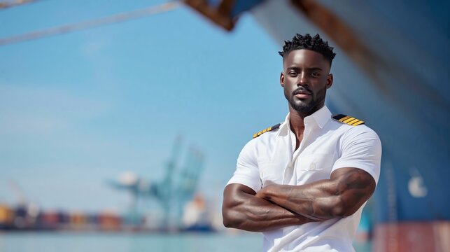 African male ship captain in white uniform with shoulder epaulettes stands confidently at a busy port with cargo containers and cranes in the background