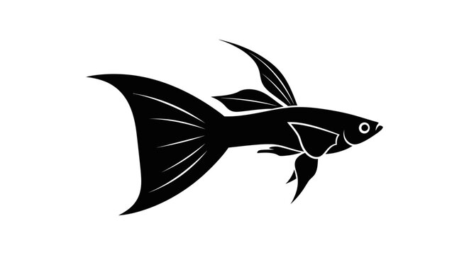 Elegant silhouette of a black guppy fish with flowing fins captured in a clean minimalist vector illustration against a stark white background showcasing aquatic beauty