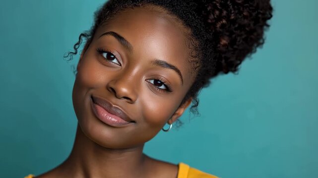Smiling African American customer care representative in a vibrant yellow shirt with a teal background showcasing positivity and professionalism in a modern support environment