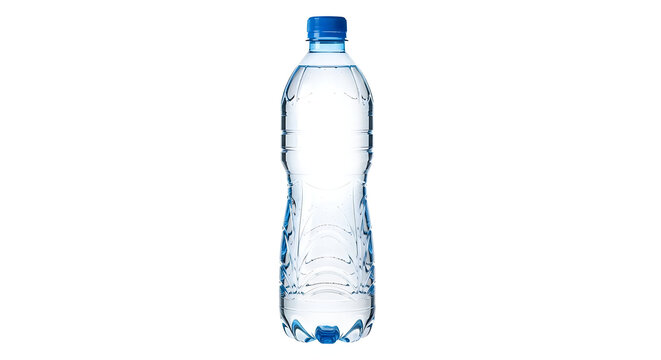 Clear plastic water bottle with blue cap on white background closeup view