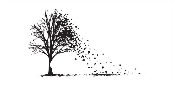 Melancholy silhouette of a lone tree with an empty bench and falling leaves isolated on white background