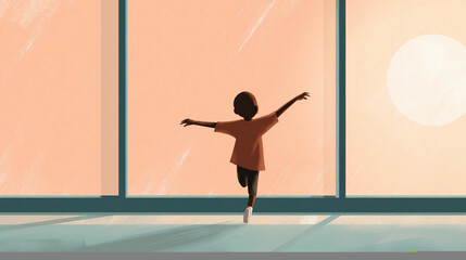 Obraz premium Young child dances joyfully in a bright room during sunset