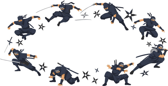 Ninja combat poses arranged in circular composition vector illustration with throwing stars, dynamic martial arts action sequence, stealth warrior character design in modern flat style