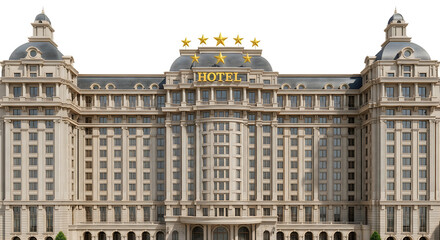 Fototapeta premium Large luxurious hotel building with golden stars and sign on top floor exterior
