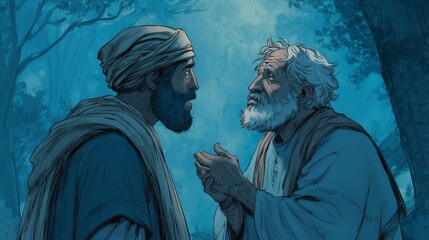 Obraz premium Isaac speaking with Abimelek during a time of famine, a biblical Genesis 26 illustration.