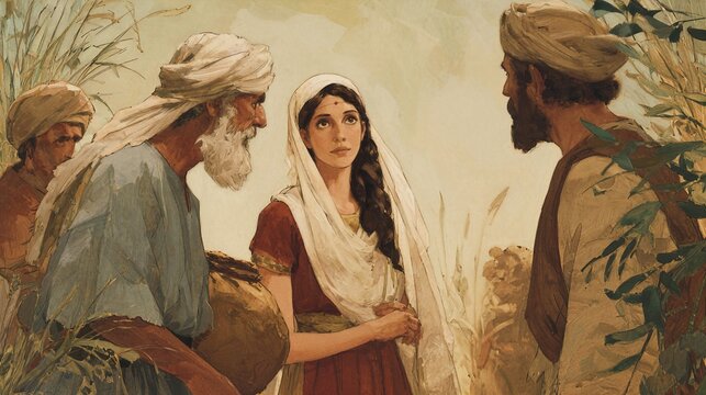 Rebekah agreeing to leave with the servant and preparing for the journey, a biblical Genesis 24 illustration.