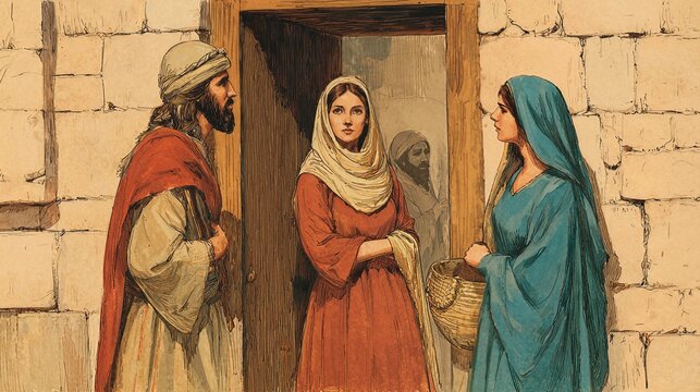 Rebekah agreeing to leave with the servant and preparing for the journey, a biblical Genesis 24 illustration.