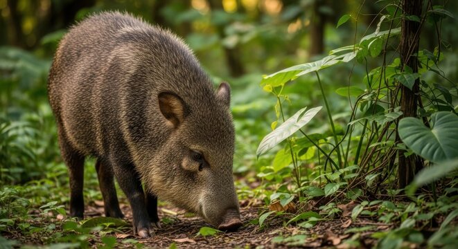 A wild peccary snuffling through dense tropical forest undergrowth and leaves