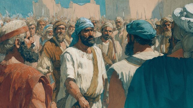 Jacob's sons speaking with the men of Shechem, a biblical Genesis 34 illustration.