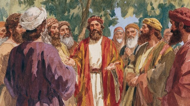 Joseph wearing his multicolored robe among his brothers, a biblical Genesis 37 illustration.