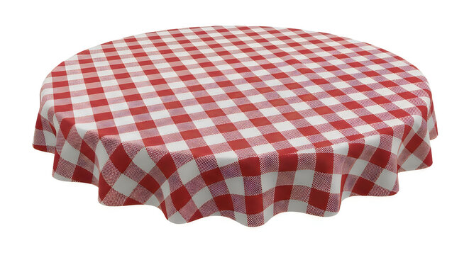 Red and white checkered tablecloth on a round table indoors setting
