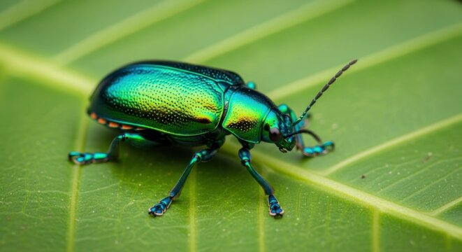 Close-up of a colorful iridescent beetle on a green leaf surface
