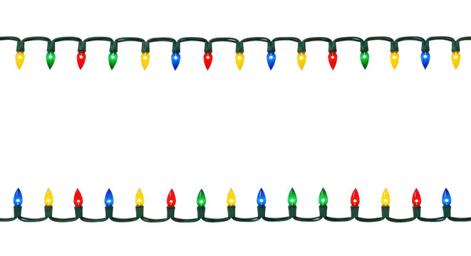 Photorealistic studio shot of classic c7 christmas lights border (red, green, blue, yellow) glowing warmly on a transparent background with large copy space, festive holiday decoration concept