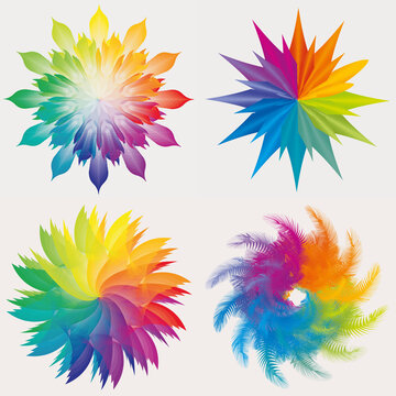4 Illustrations Mandala Rosace Etoile Couleurs Arc en Ciel, Design multicolore sur fond clair