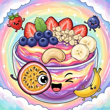 Happy Cartoon Acai Bowl with Strawberry, Blueberry, Banana, Passionfruit on Rainbow Sky Background