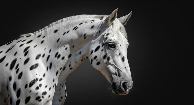 Portrait of white spotted appaloosa horse on isolated dark black background looking side