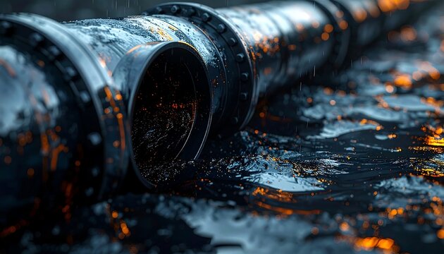 Gritty industrial pipe leakage on a dark, reflective liquid surface, illustrating environmental pollution, contamination, and the critical risks of industrial waste discharge